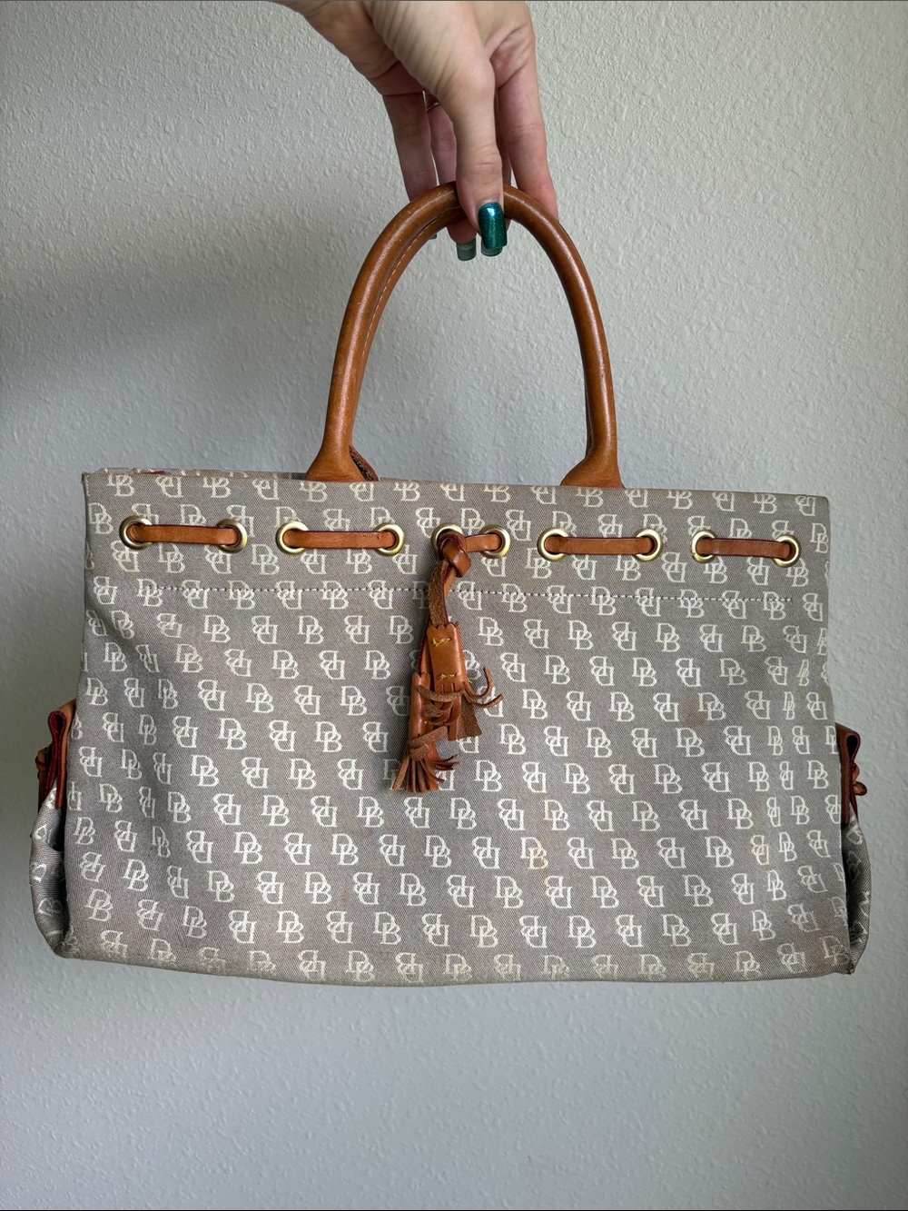 Dooney & Bourke vintage Grey Monogram Logo Tote with Brown Leather Handles